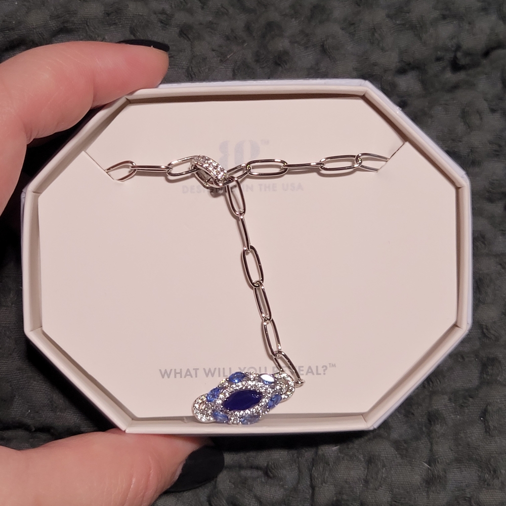 Silver-Link Necklace with Blue Gem and Crystal Halo